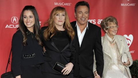 FILE - In this Feb. 8, 2013 file photo, from left, Jessica Rae Springsteen, Patti Scialfa, honoree Bruce Springsteen, and Adele Springsteen arrive at the MusiCares Person of the Year tribute honoring Bruce Springsteen in Los Angeles. Springsteen and his mom, Adele, danced to two songs Sunday, April 15, 2018, at the Wonder Bar in Asbury Park, N.J., before severe storms caused the club to lose power. They were there to see the Eddie Testa Band, reportedly one of Adele's favorite bands. Adele Springsteen turns 93 on May 4. (Photo by Chris Pizzello/Invision/AP, File)